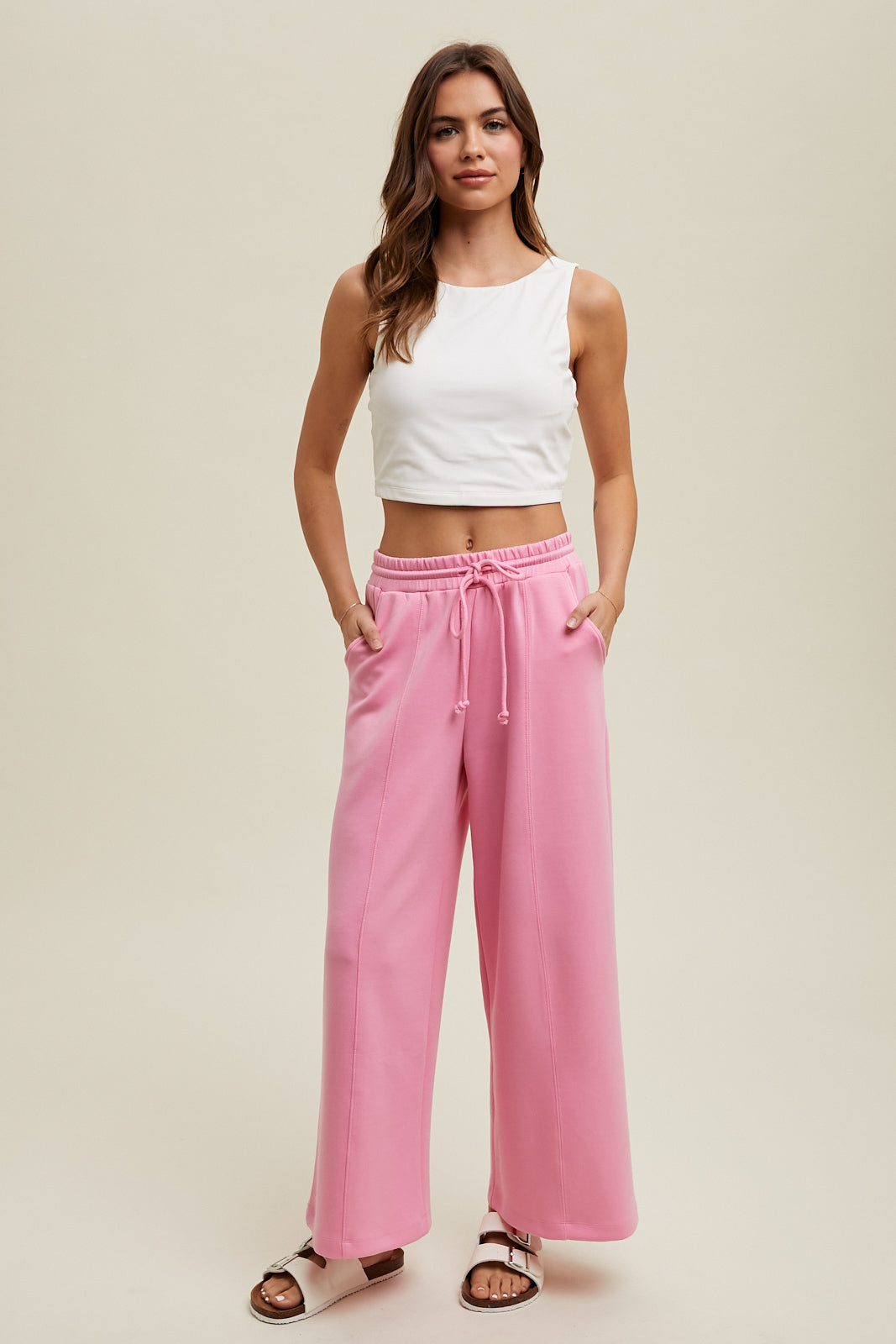 *SCUBA DRAWSTRING WIDE LEG PANTS - HIBISCUS