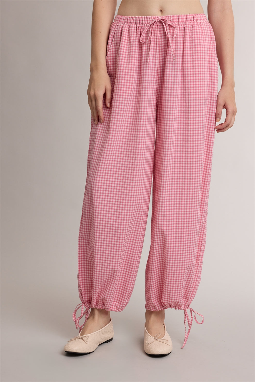 GINGHAM DRAWSTRING WIDE LEG JOGGER PANTS