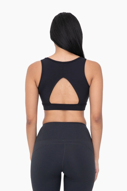 *BRONZE - NEWPORT CUTOUT OVERLAY BACK PERFORMACE SPORT BRA - BLACK