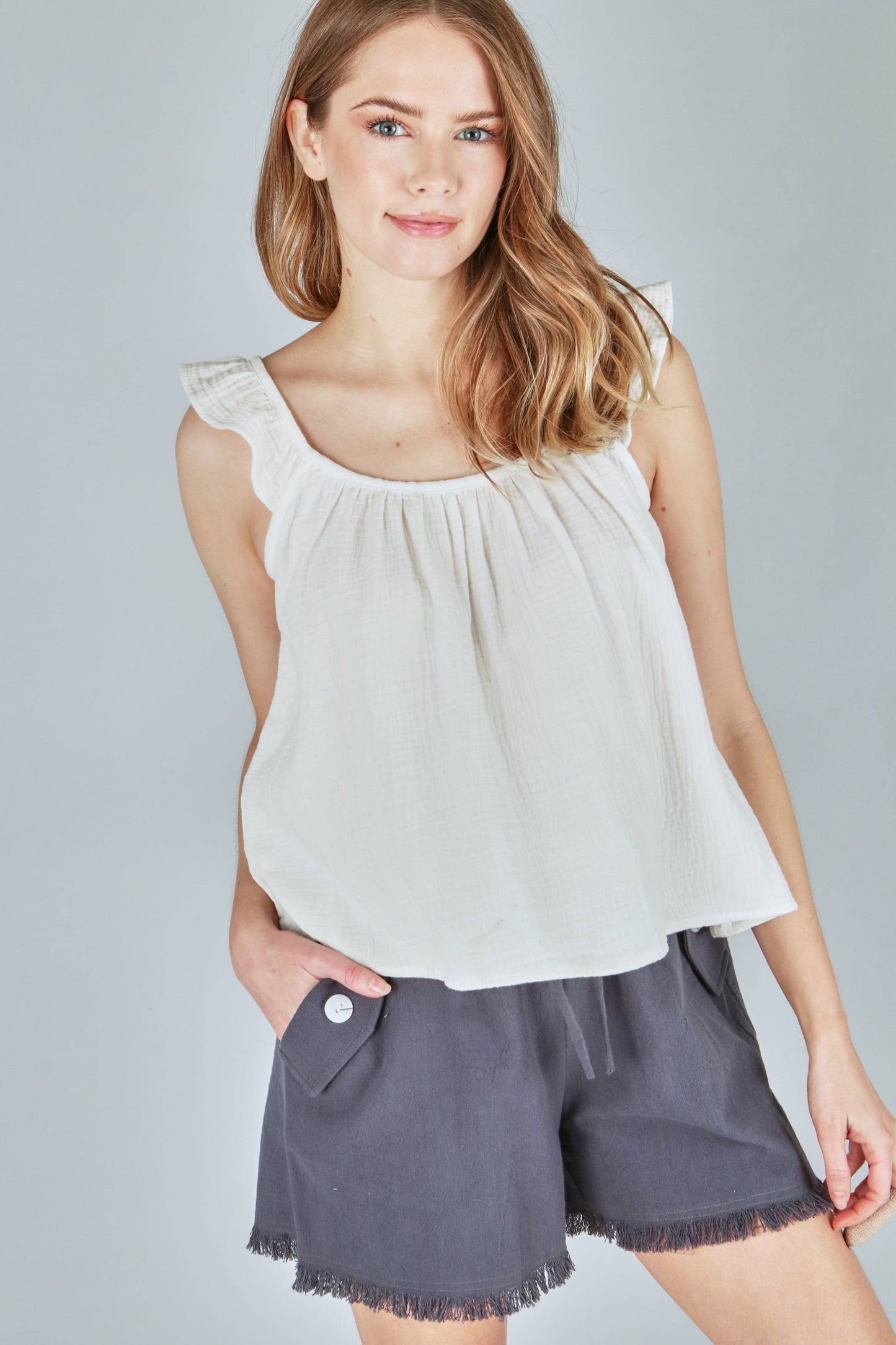*PLUS SIZE - SOLID WOVEN SHOULDER RUFFLE TOP