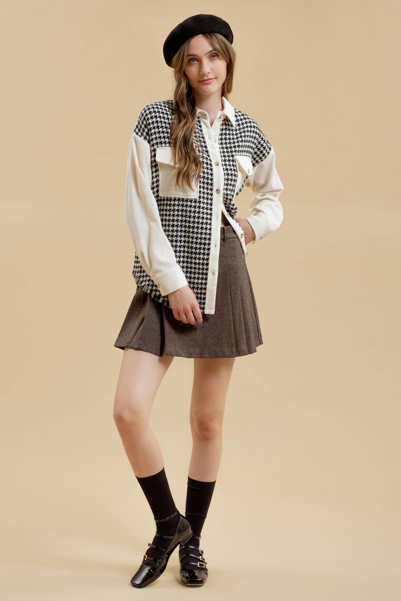 *BLACK COLORBLOCK HOUNDSTOOTH SHACKET