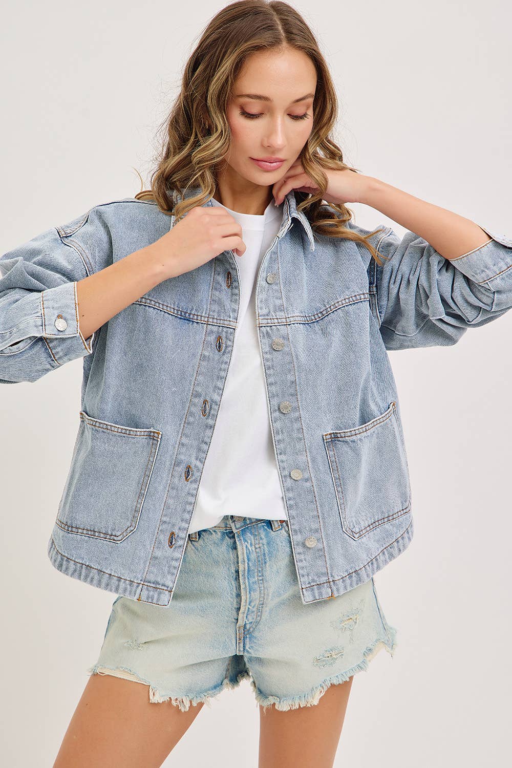 WASHED DENIM JACKET WITH PATCH POCKET PERFECT FOR LAYERING
