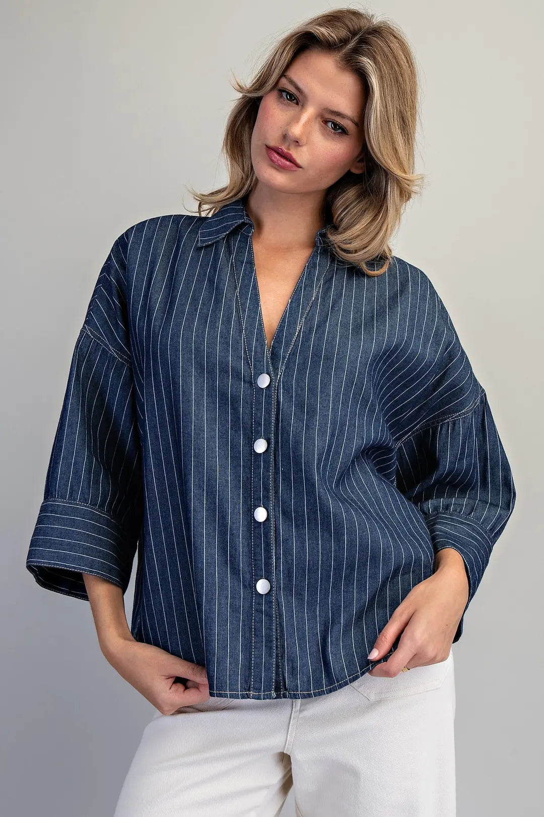 Striped Button Down Back Pleat Blouse