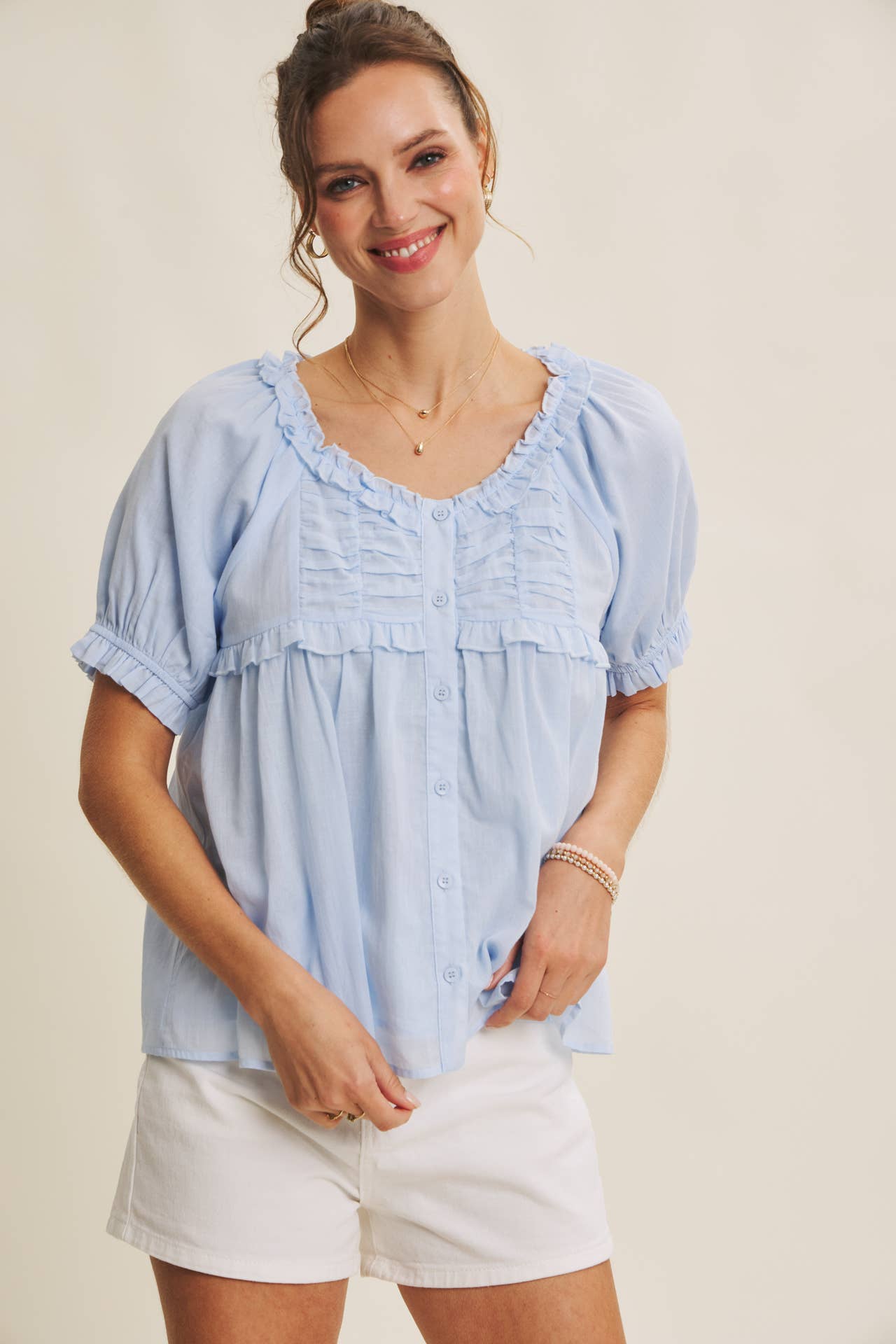 DELICATE RUFFLE AIRY COTTON BLOUSE - Blue