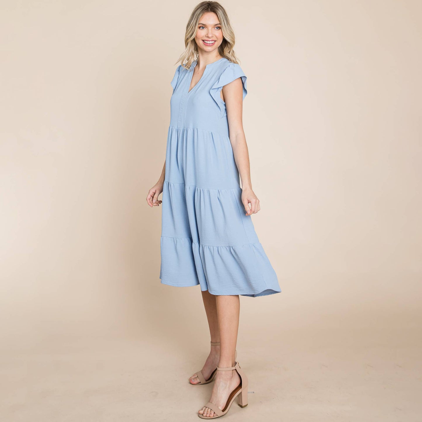 *Plus Size Ruffle Sleeve V neck Tiered Midi Dress