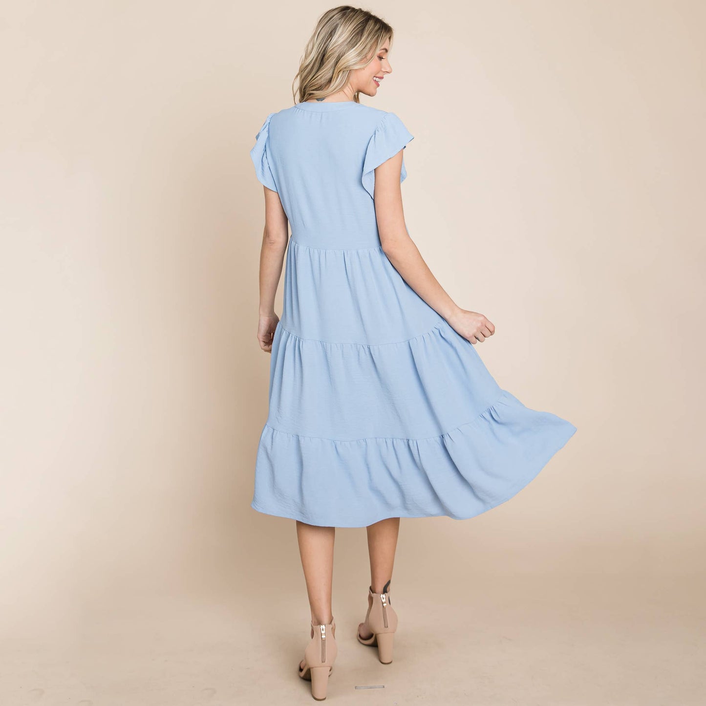 *Plus Size Ruffle Sleeve V neck Tiered Midi Dress