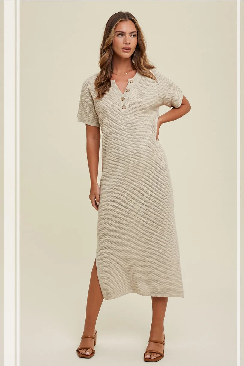 *NATURAL SWEATER MIDI DRESS WITH BUTTON DETAIL