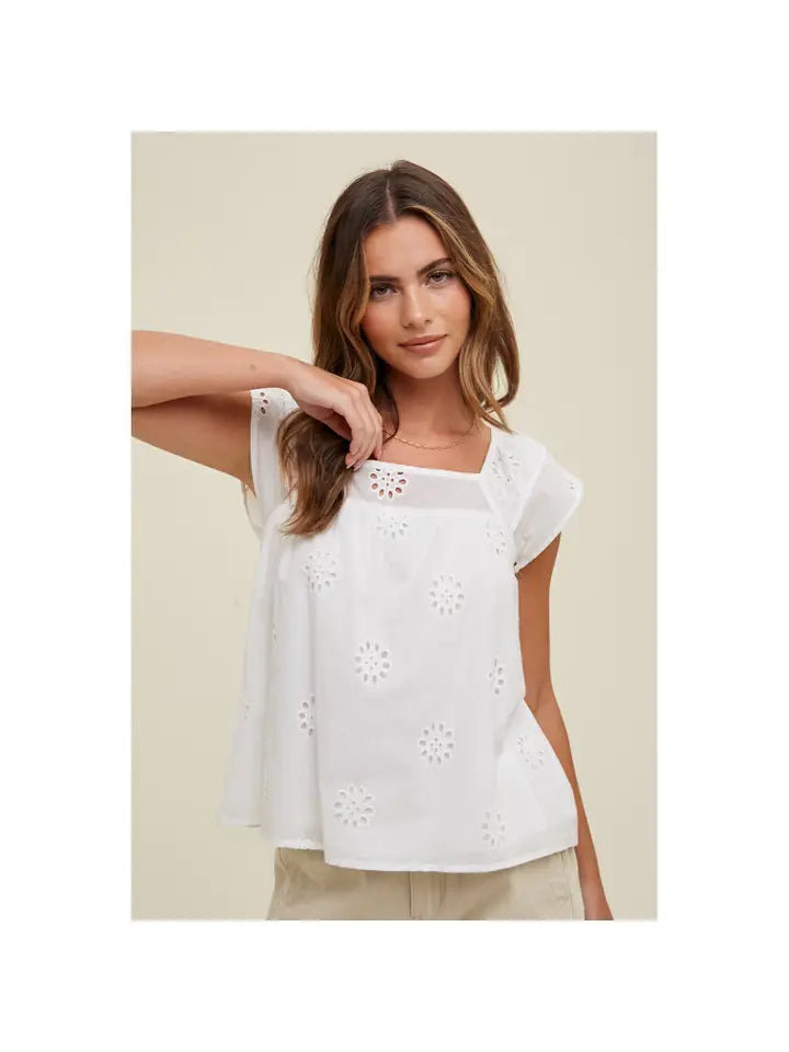*WHITE FLORAL EYELET BLOUSE WITH SELF BACK TIE