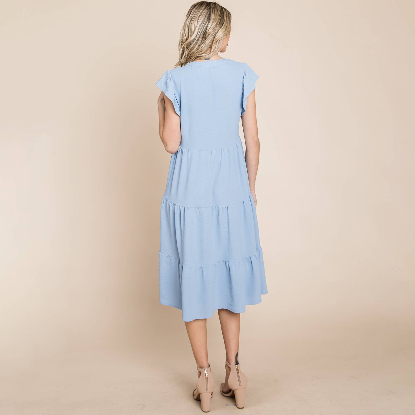 *Plus Size Ruffle Sleeve V neck Tiered Midi Dress
