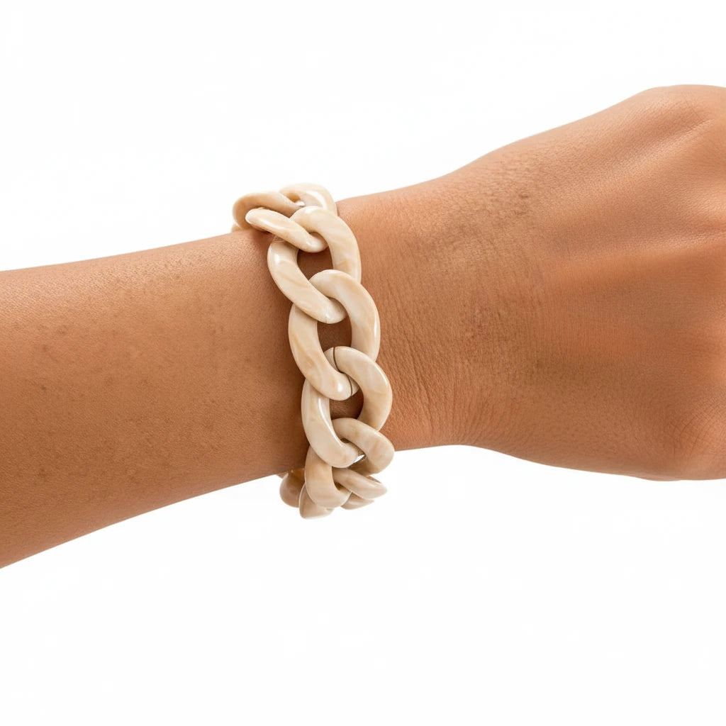 *CHUNKY ACRYLIC CHAIN LINK BRACELET - IVORY/BROWN SWIRL