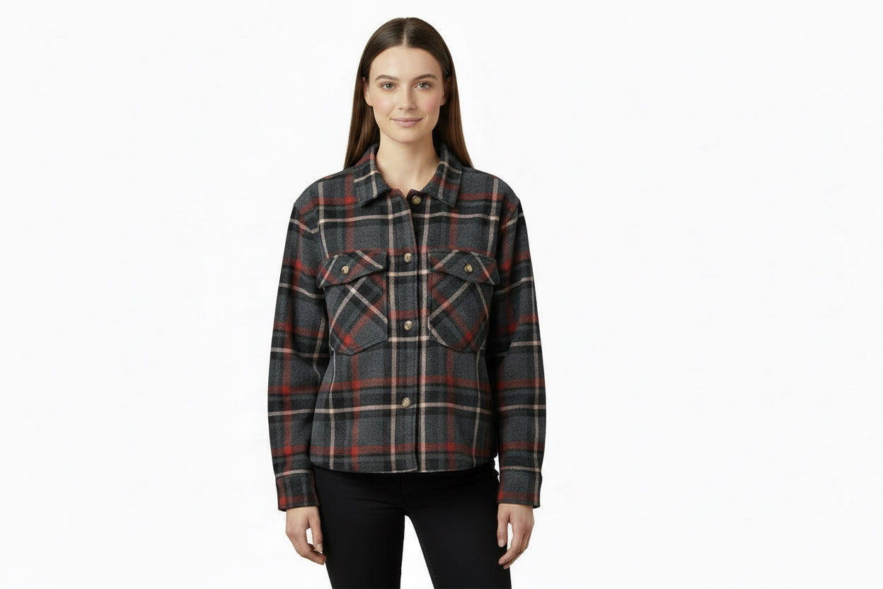*Ella Long Sleeve Button Front Crop Shirt Jacket - Railroad Track