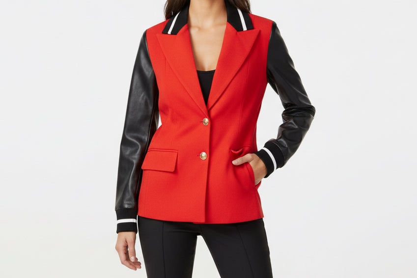 Racer Stripe Vegan Leather Sleeve Blazer