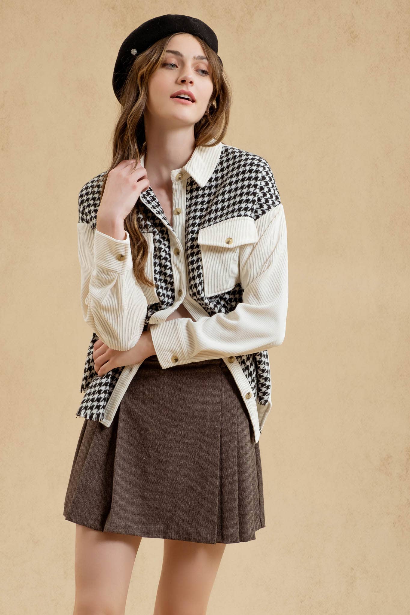 *BLACK COLORBLOCK HOUNDSTOOTH SHACKET