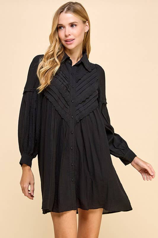 *Pleated Top Button Down Shift Dress