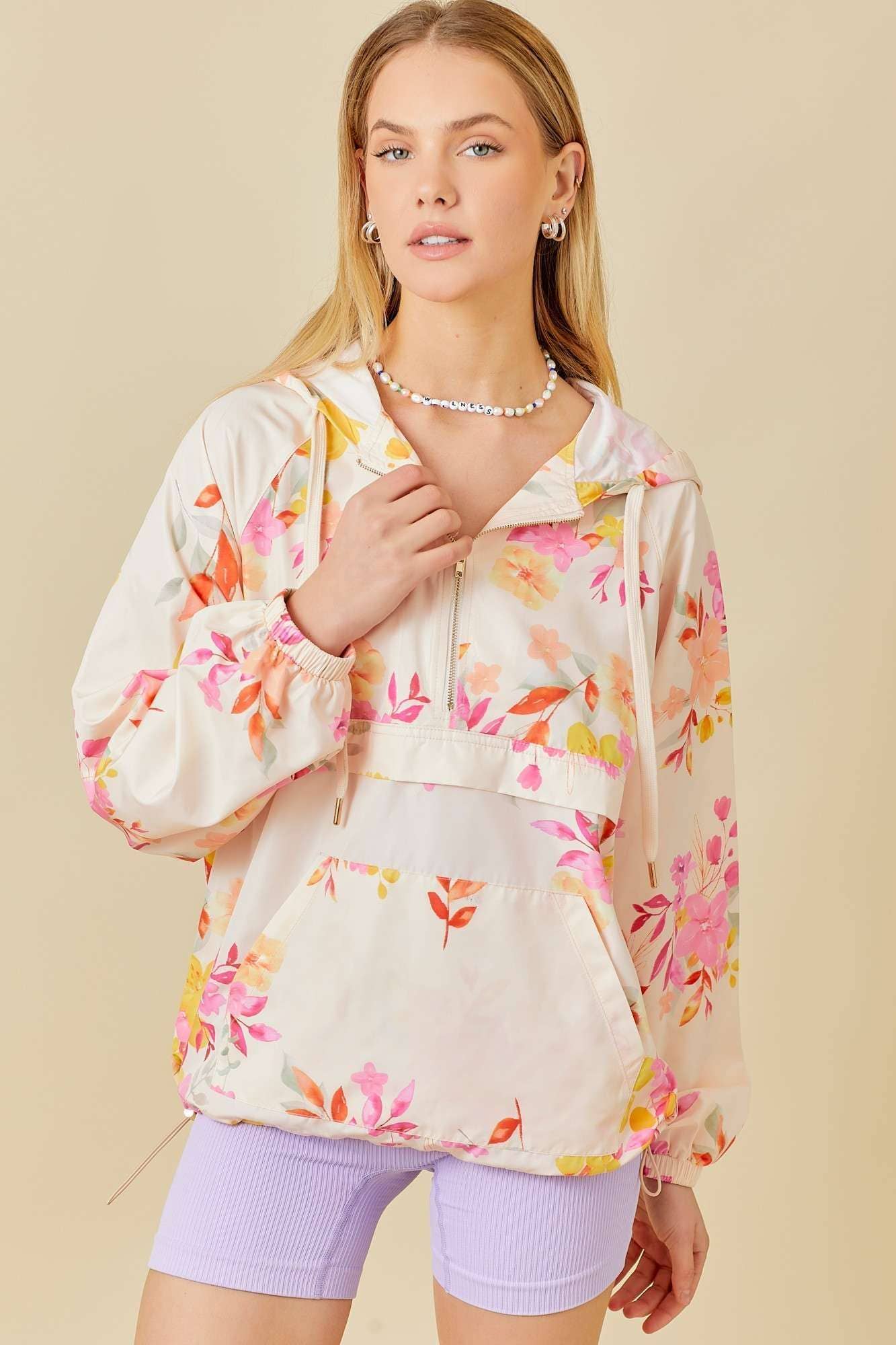 *Floral Print Hoodie Windbreaker