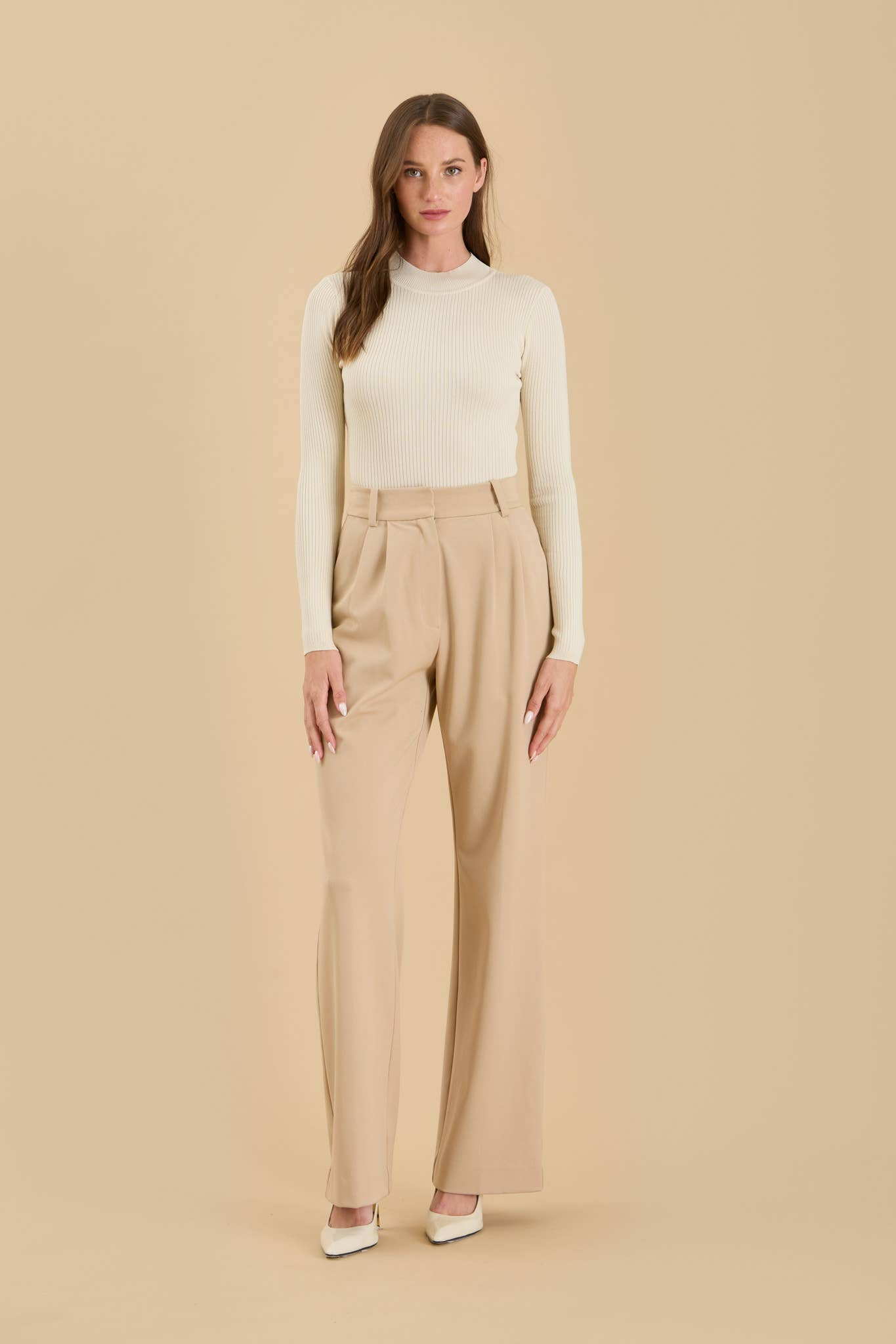 *HIGH NECK LONG SLEEVE RIBBED KNIT BODYSUIT - CREAM