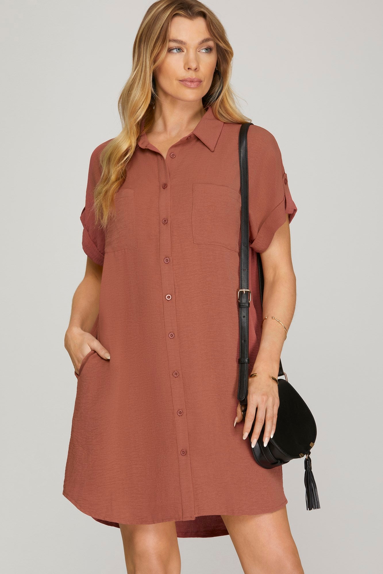 *DROP SHOULDER SHIRT DRESS WITH POCKETS