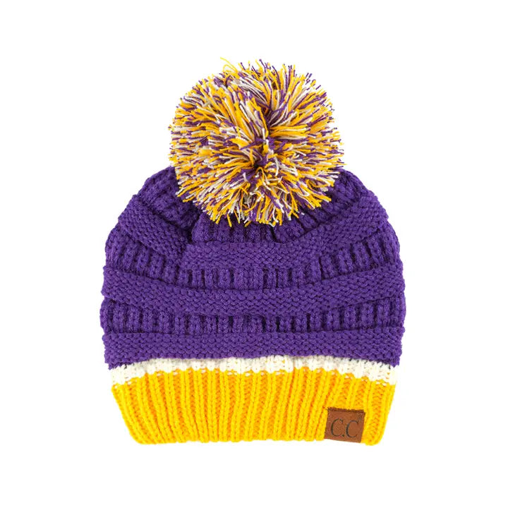 *Purple and Yellow - Colorblock Ribbed Beanie with Pom