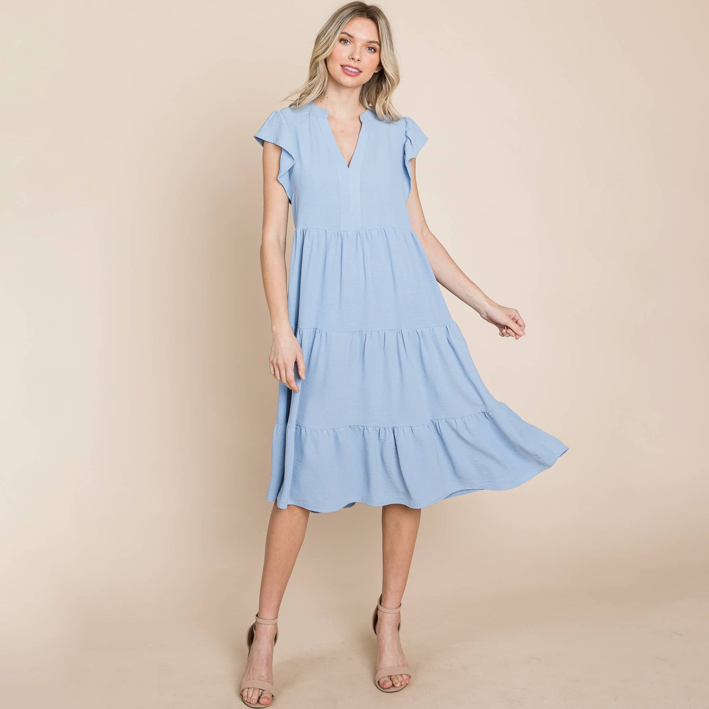 *Plus Size Ruffle Sleeve V neck Tiered Midi Dress
