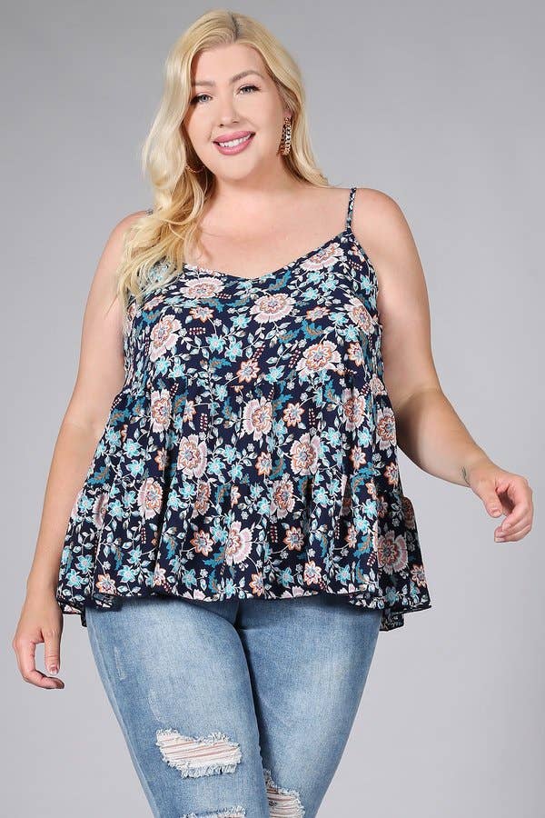 *Floral Paisley Print Ruffle Cami Plus Size Top