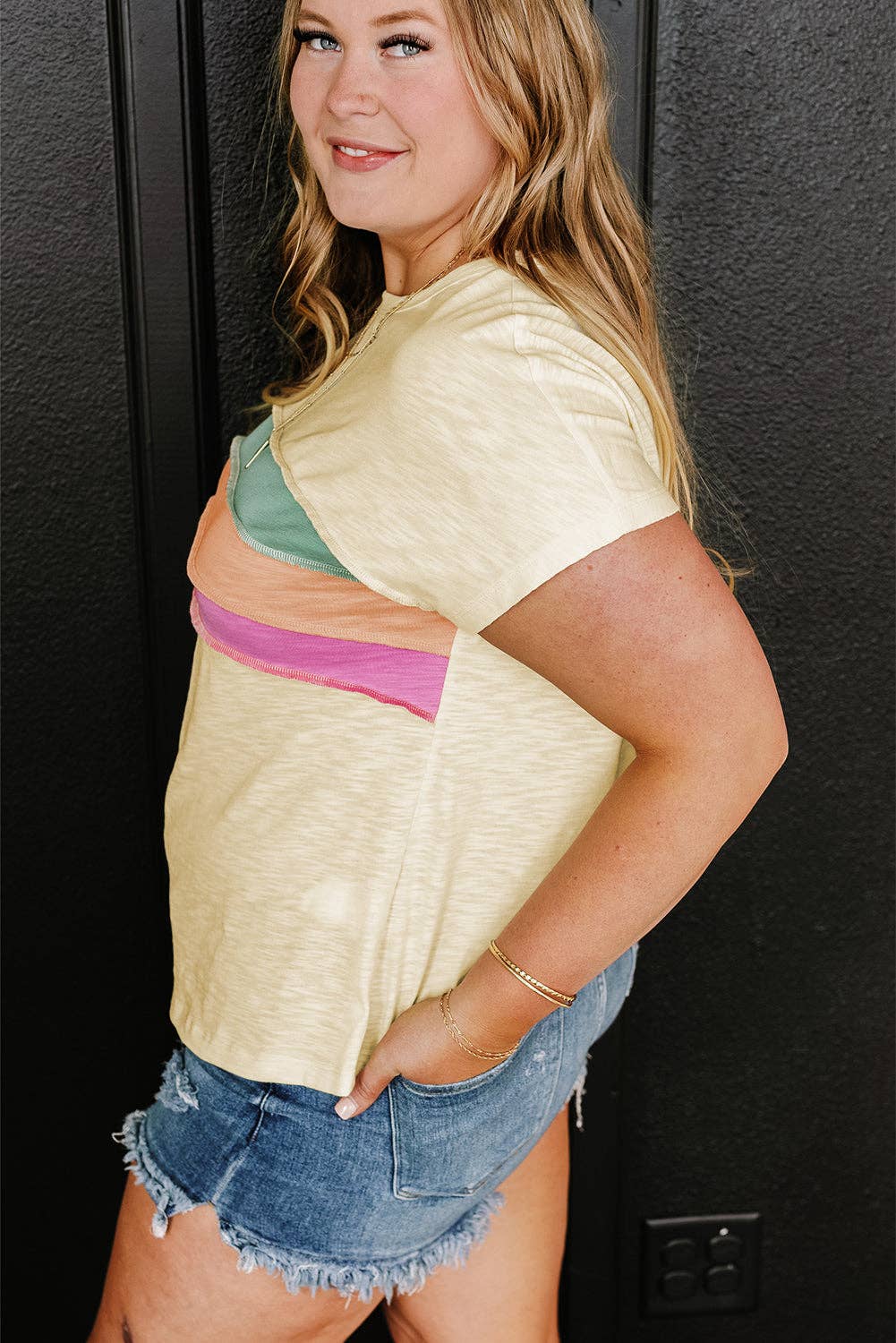 *White Color Block Patchwork Plus Size T Shirt