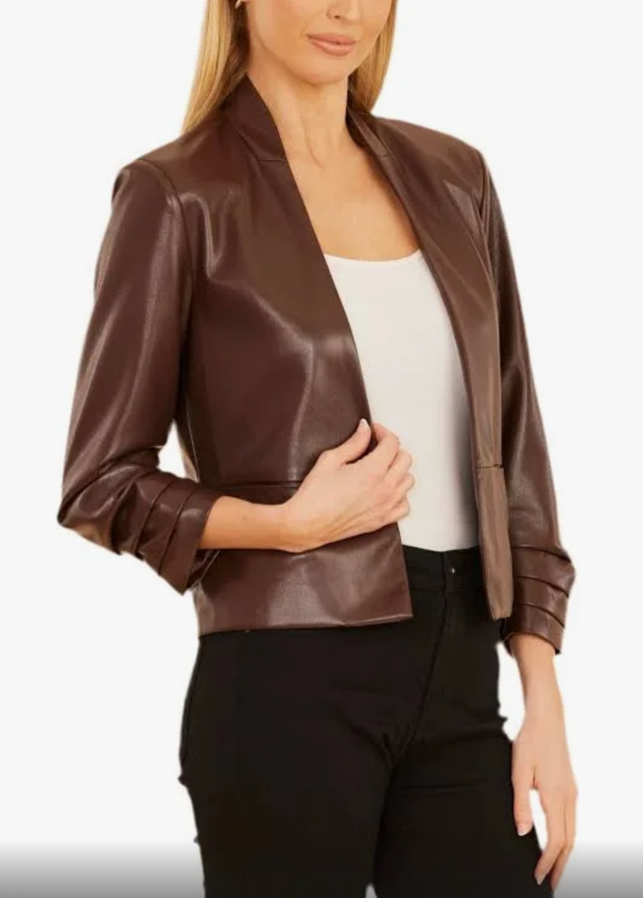 *Vegan Leather 3/4 Sleeve Jacket - Brown