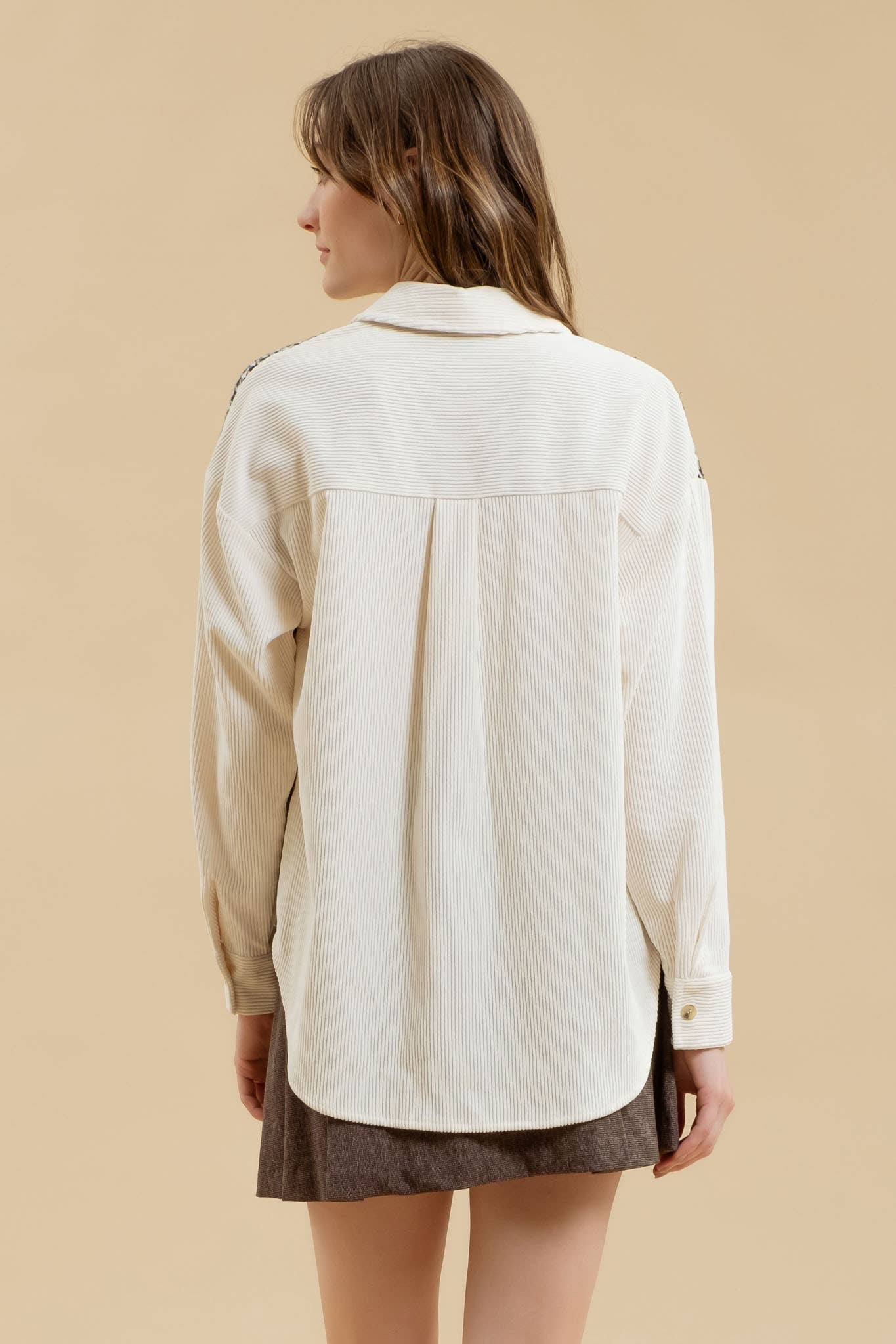 *KHAKI COLORBLOCK HOUNDSTOOTH SHACKET