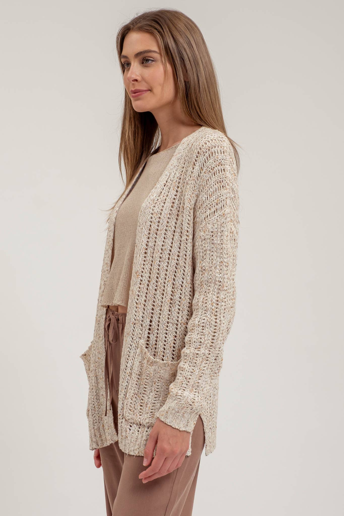 *SPLIT HEM CROCHET KNIT CARDIGAN