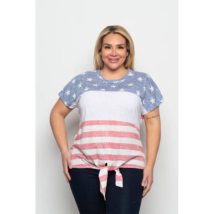 *PLUS SIZE AMERICAN FLAG ROUND NECK SHORT SLEEVE TIE FRONT TE