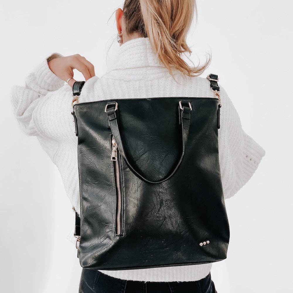 *Black Upper East Side Vegan Leather Backpack & Crossbody Tote Bag