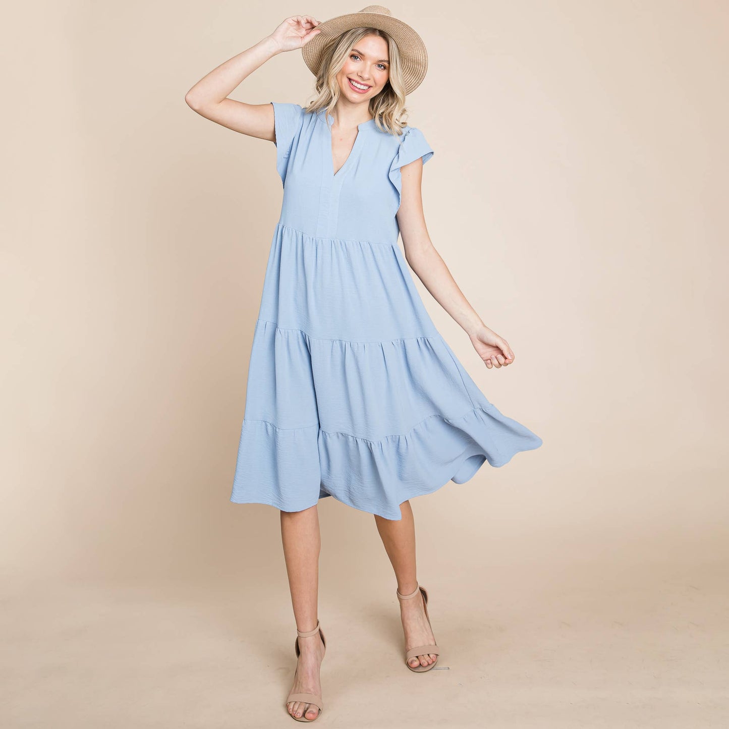 *Plus Size Ruffle Sleeve V neck Tiered Midi Dress