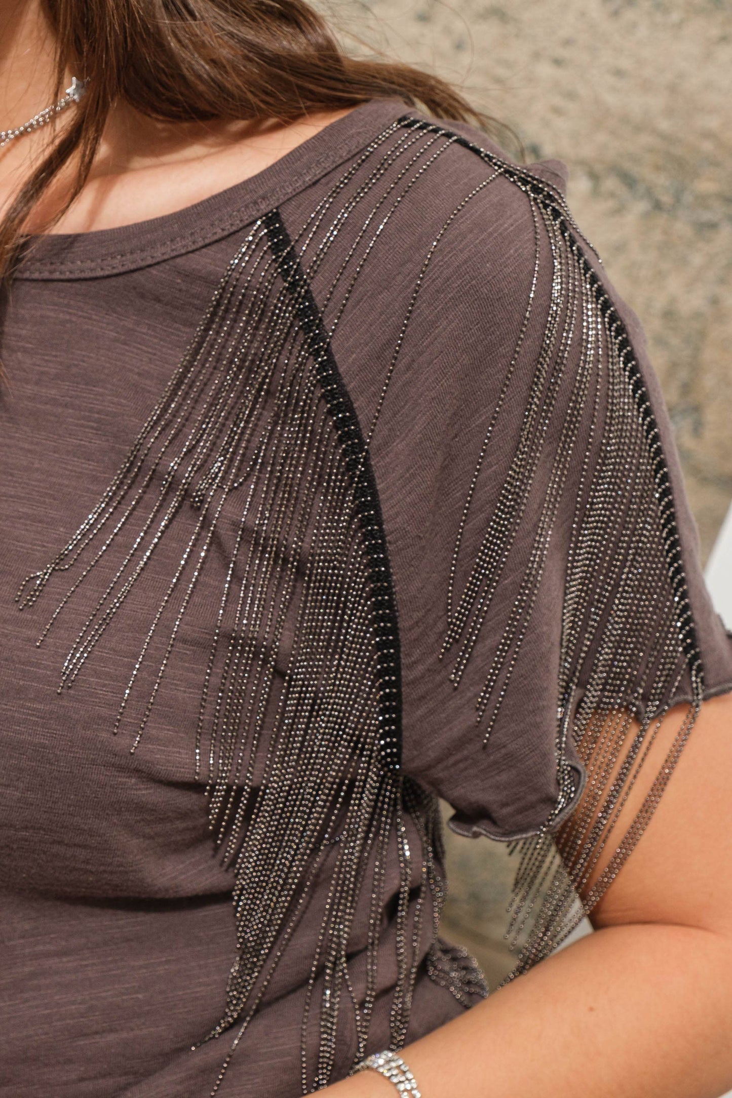 *Slub Jersey Rhinestone Fringe T Shirt Top - Charcoal