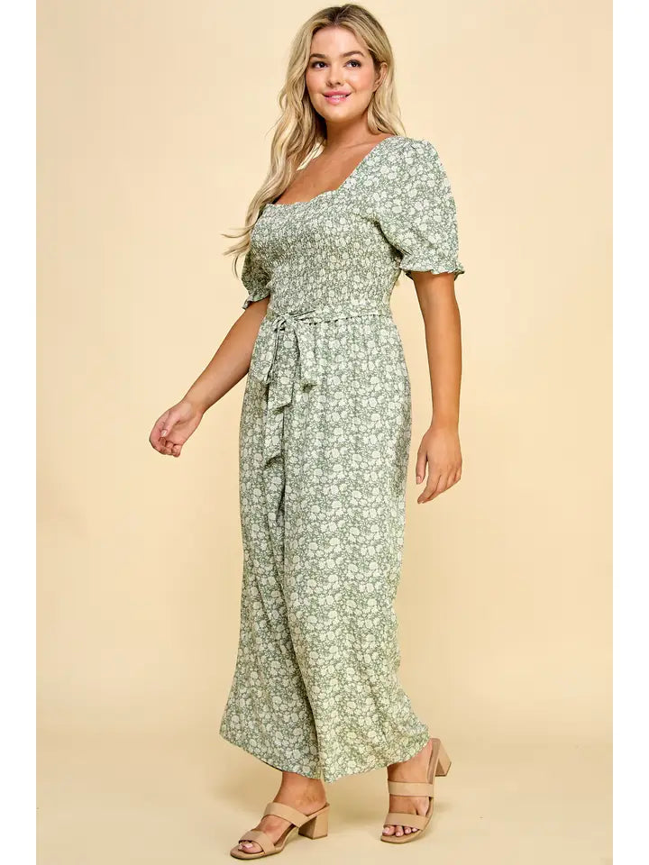 *Plus Size Smocked Top Pegged Leg Gaucho Jumpsuit