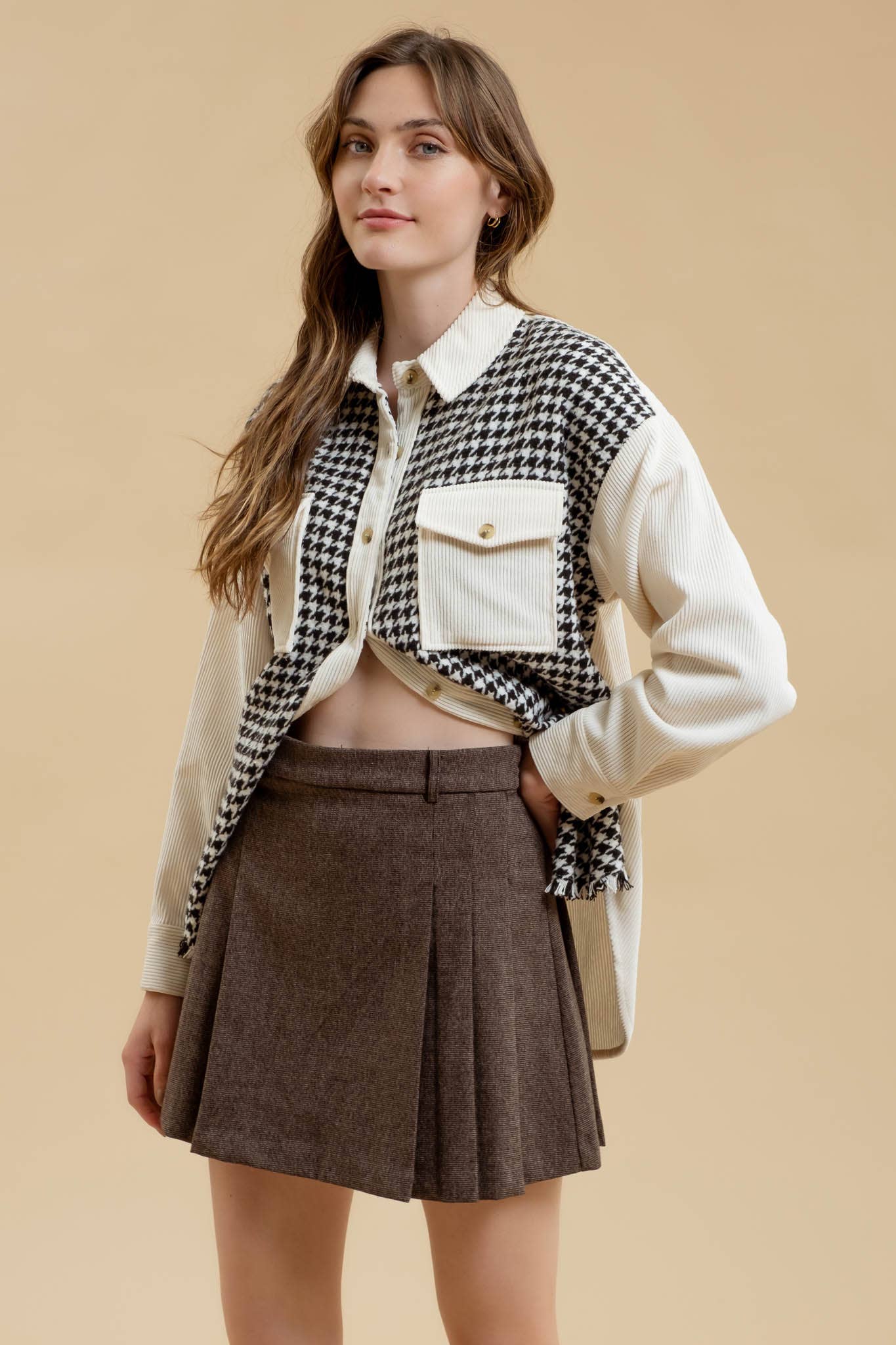 *BLACK COLORBLOCK HOUNDSTOOTH SHACKET