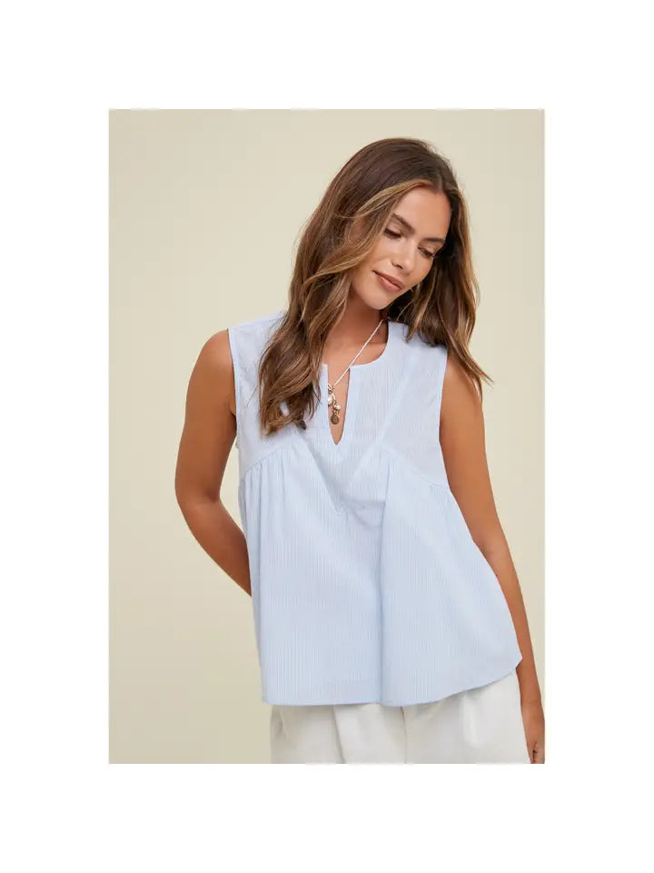 *BLUE STRIPED TANK BLOUSE WITH NOTCH DETAIL
