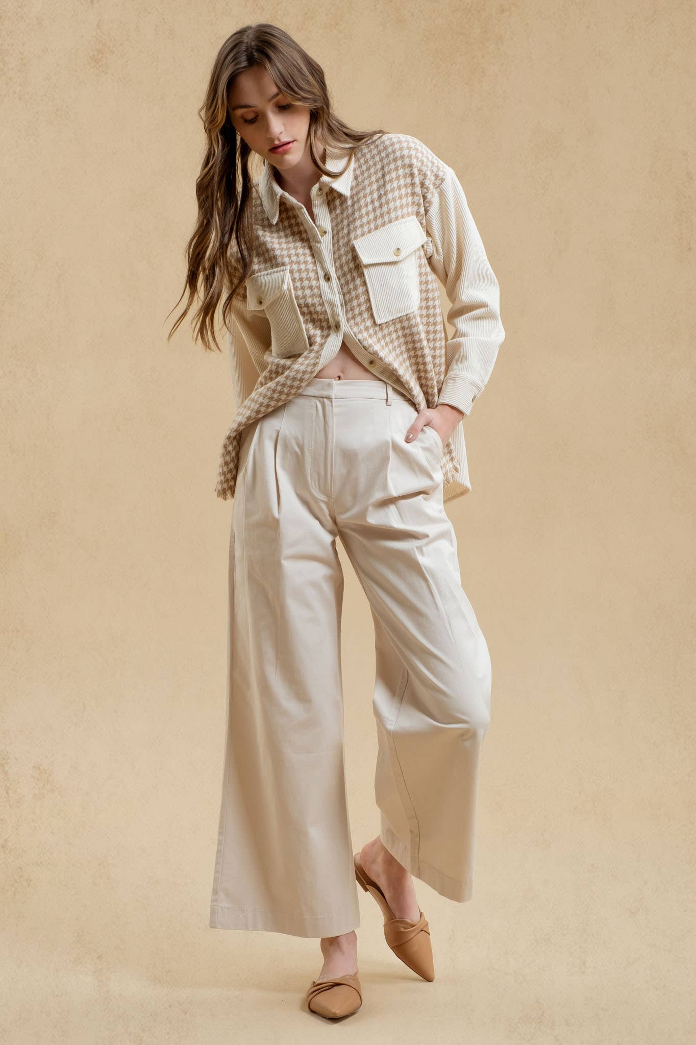 *KHAKI COLORBLOCK HOUNDSTOOTH SHACKET