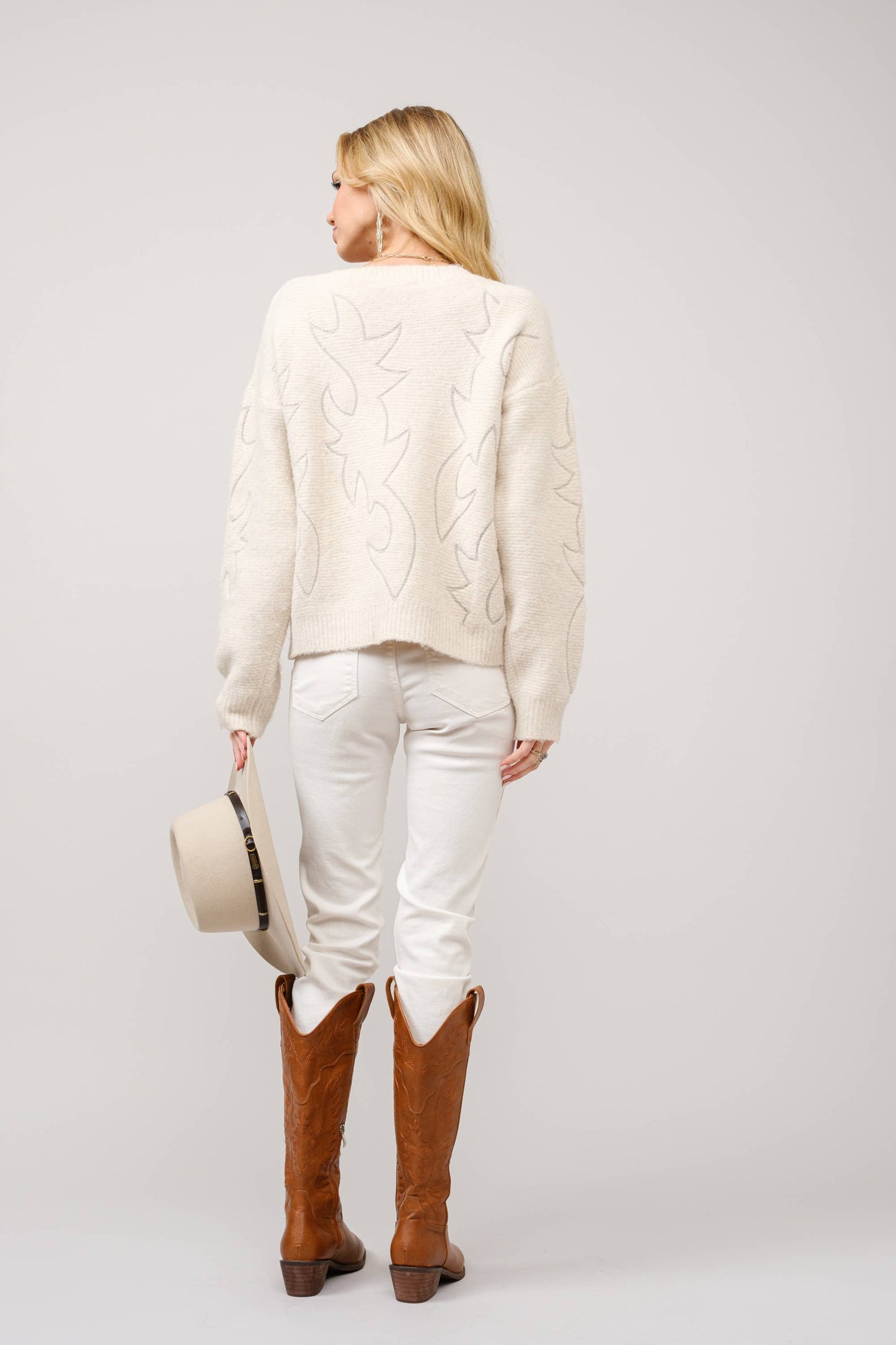 Western Boots Stitch Pattern Crew Neck Sweater