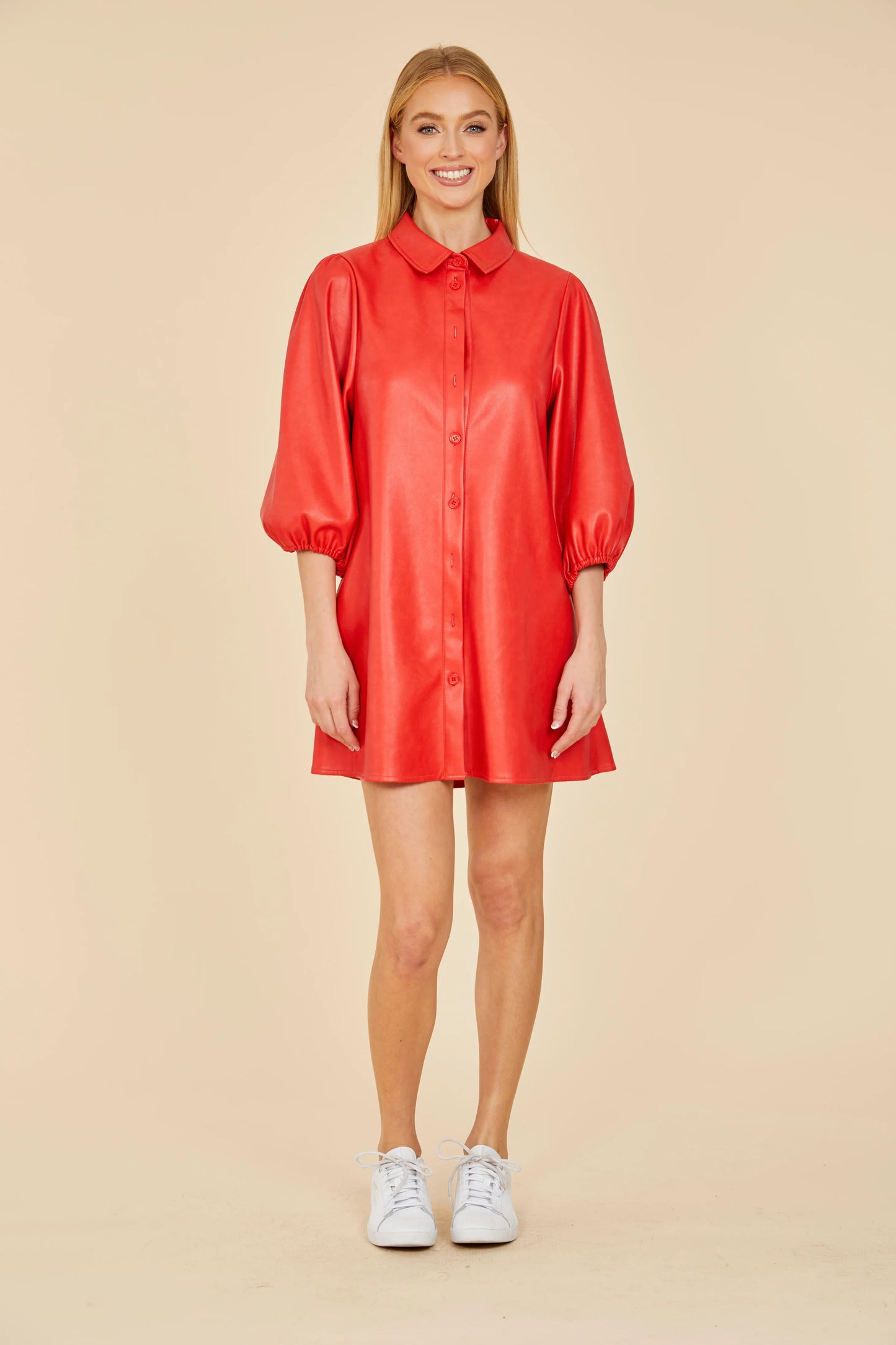*Vegan Leather Puff Sleeve Dress - Ruby/Scarlet
