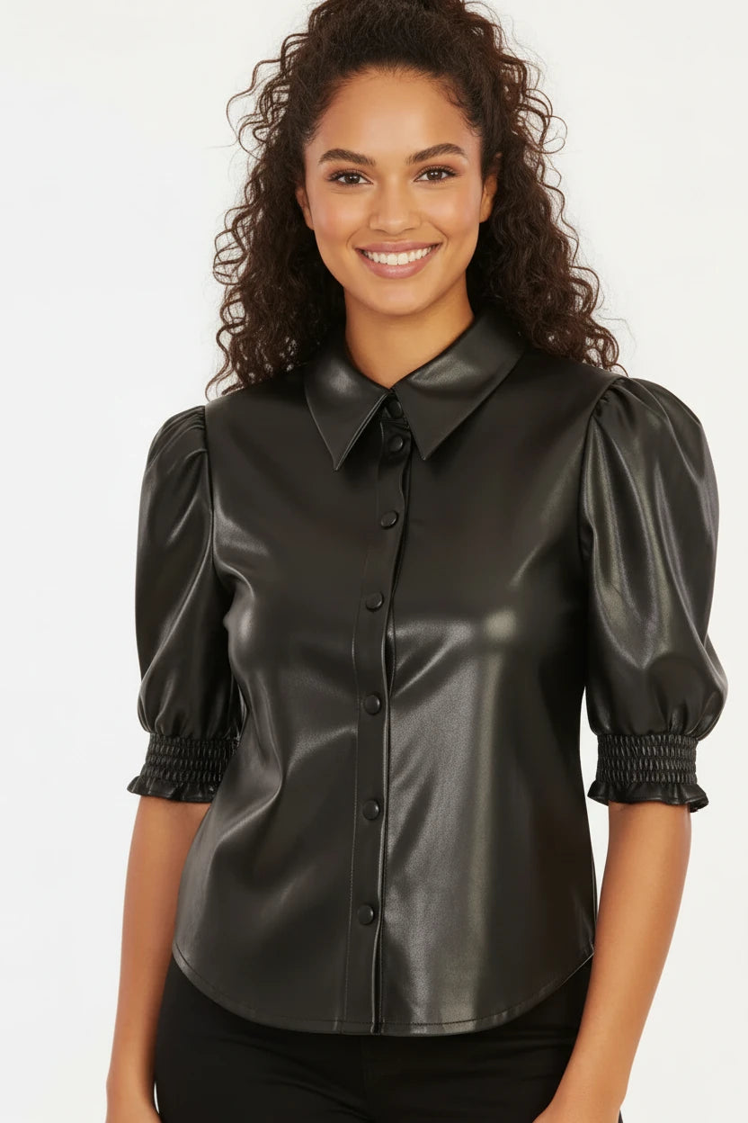 *Faux Leather Elastic Cuff Top - Black
