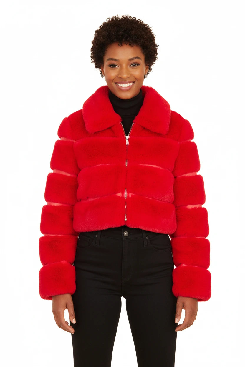 *Paneled Faux Fur Vegan Leather Cropped Jacket - Red