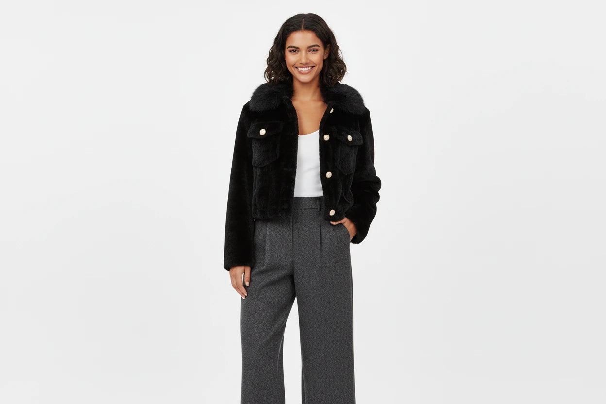 *Faux Fur Pearl Button Jacket - Black
