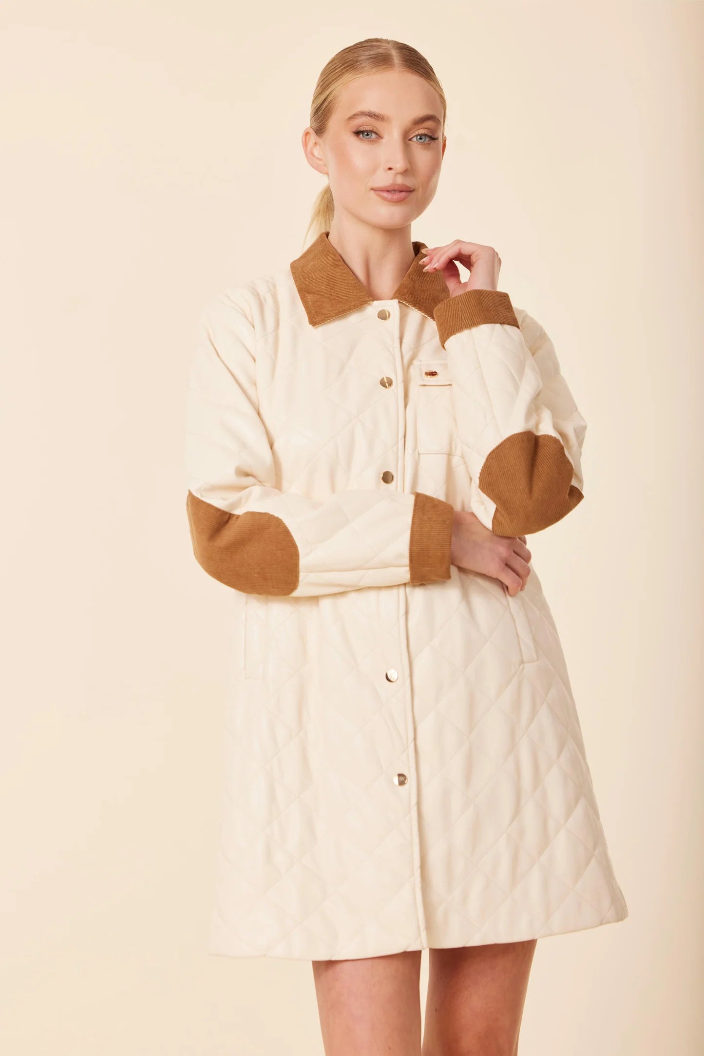 Faux Leather Quilted Corduroy Trim Jacket