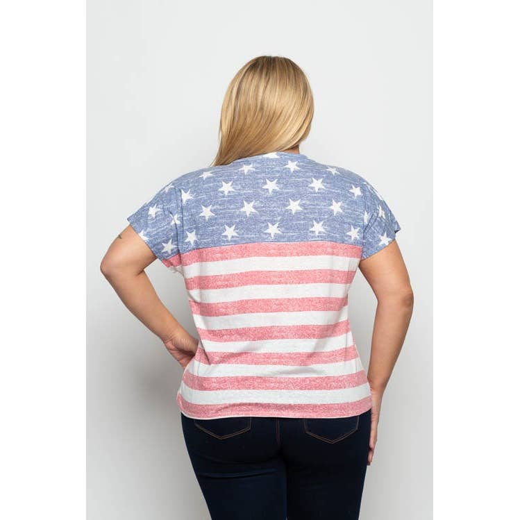 *PLUS SIZE AMERICAN FLAG ROUND NECK SHORT SLEEVE TIE FRONT TE