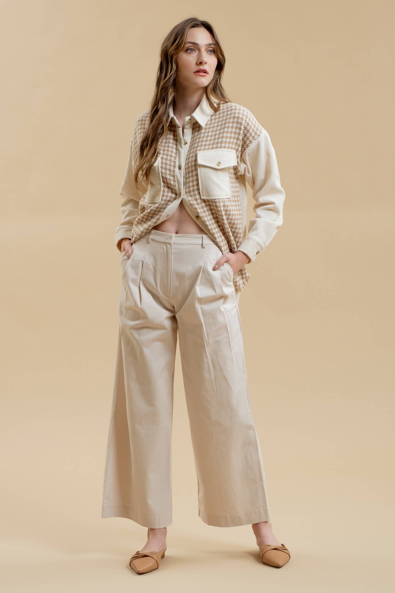 *KHAKI COLORBLOCK HOUNDSTOOTH SHACKET