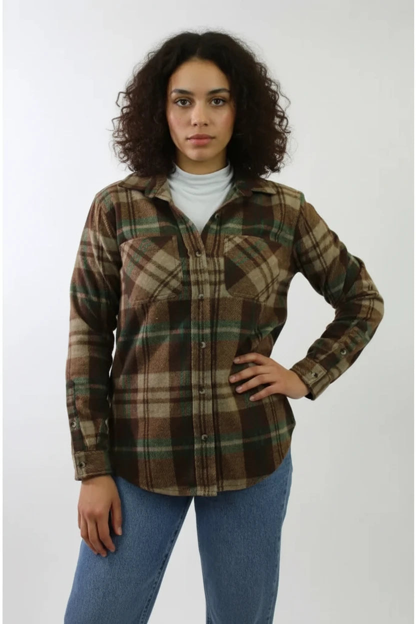 *SALLY Long Sleeve Button Front Shirt Jacket - MULTI Brown/Pine