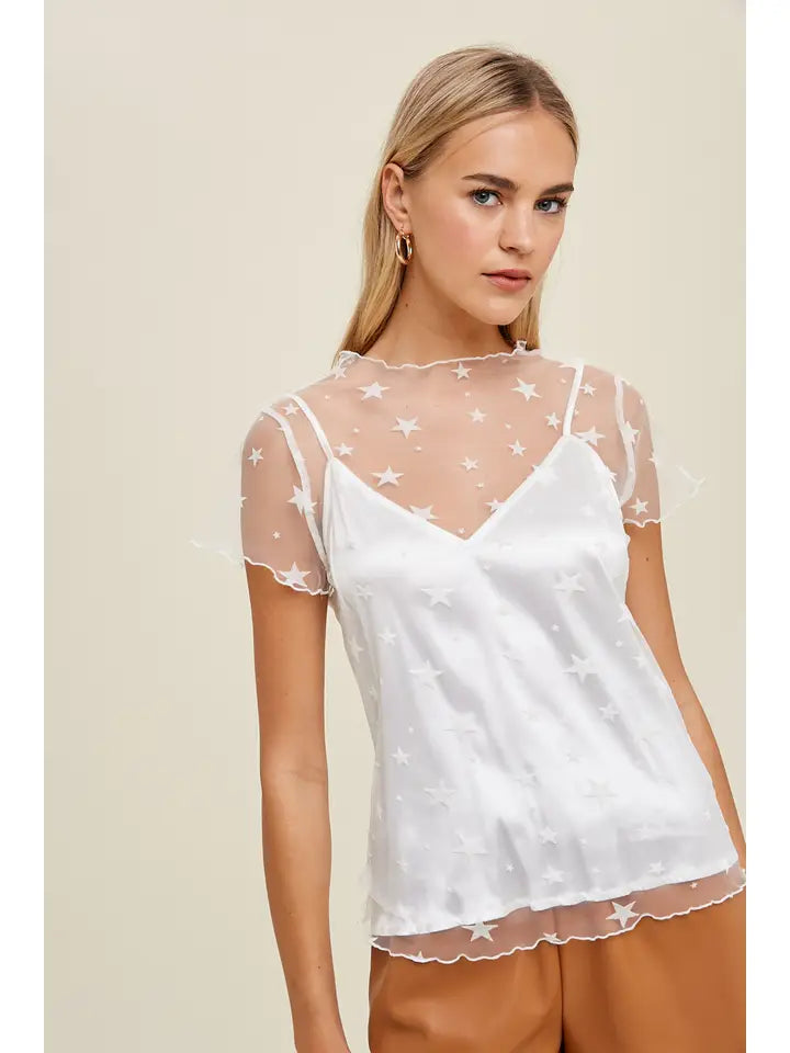*WHITE VELVET STAR DETAIL MESH TOP WITH CAMI INSERT