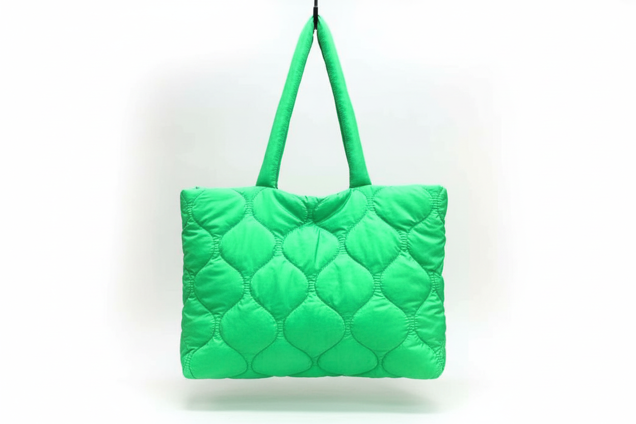 *Quilted Nylon Tote Bag -Green