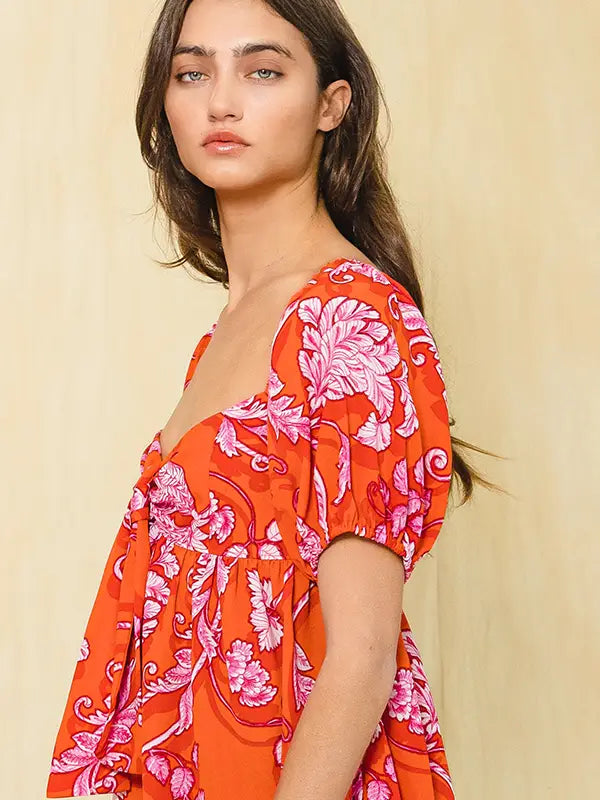*Sweetheart Neckline Floral Print Babydoll Mini Dress