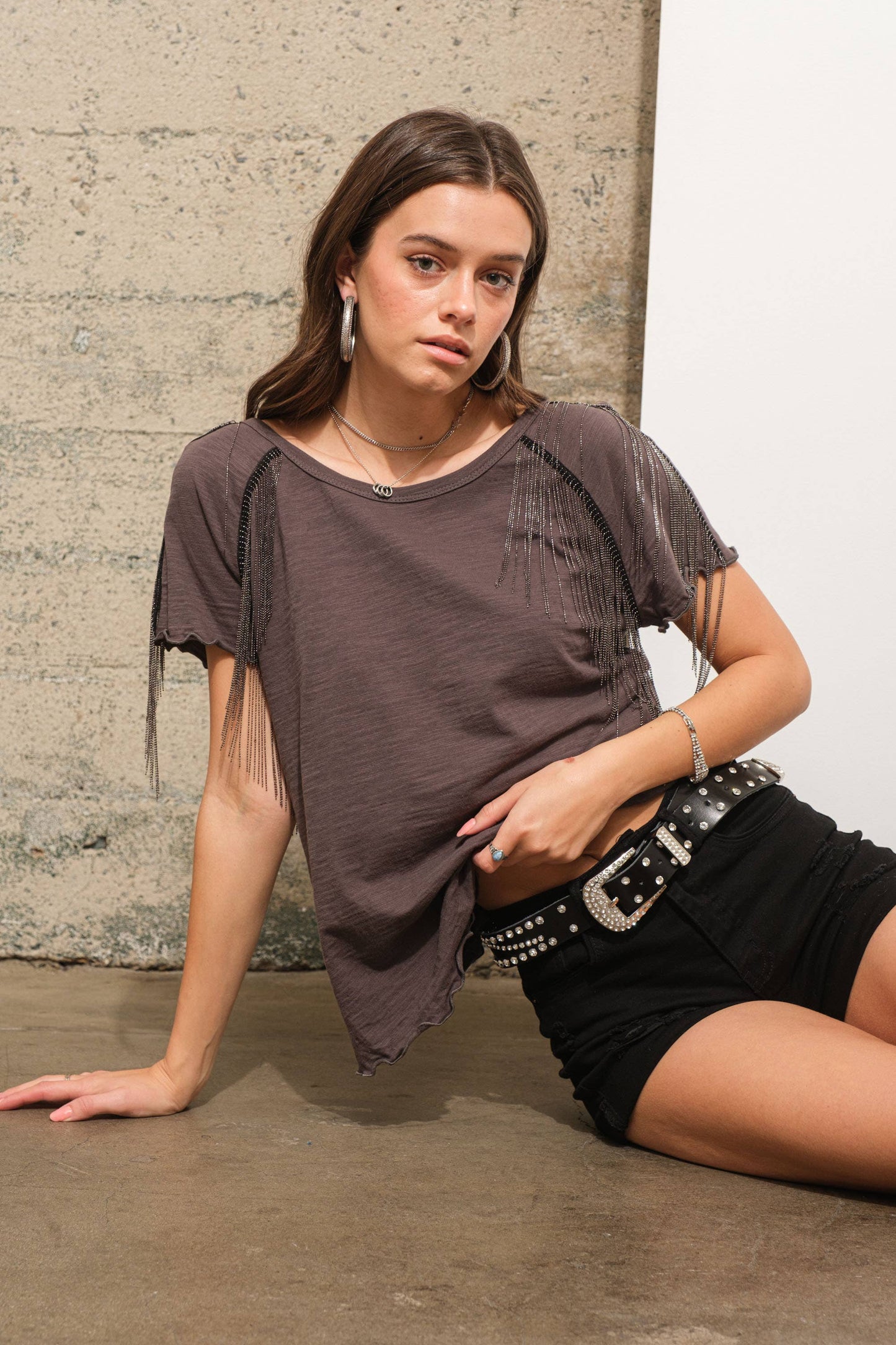 *Slub Jersey Rhinestone Fringe T Shirt Top - Charcoal