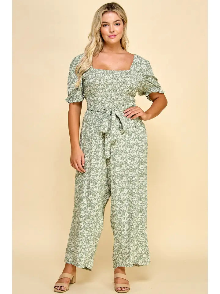 *Plus Size Smocked Top Pegged Leg Gaucho Jumpsuit
